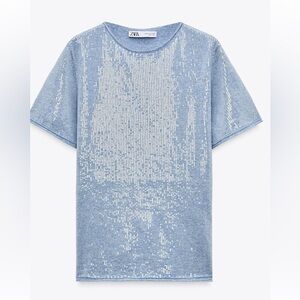 ZARA Blue Knit Sequin Top , Short Sleeve , Size xs